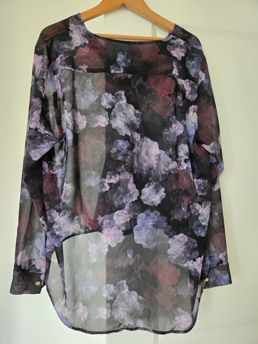 Sheer Floral Print Long-Sleeve Blouse - Purple/Black